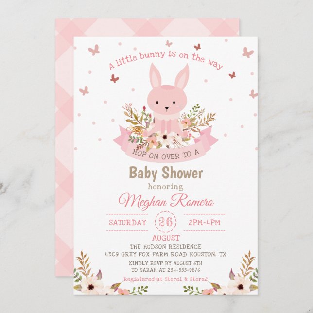 Adorable Pink Bunny with Flowers Baby Shower Invitation (Front/Back)