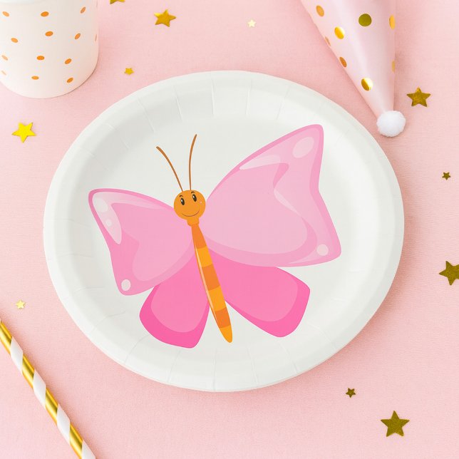 Adorable Pink Cartoon Butterfly  Paper Plate (Creator Uploaded)
