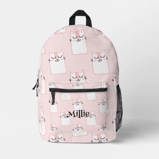 Adorable Pink Cat Design Girls School Printed Backpack (Front)