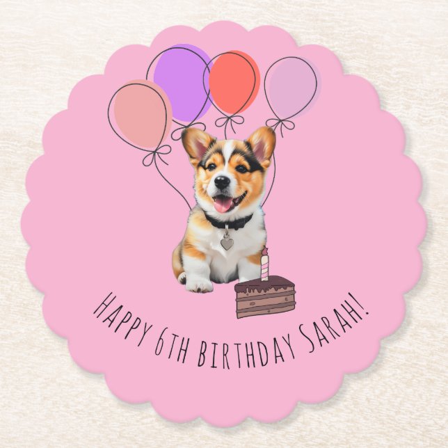 Adorable Pink Corgi Birthday Customisable Paper Coaster (Front)