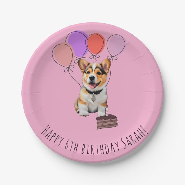 Adorable Pink Corgi Birthday Customisable Paper Plate (Front)