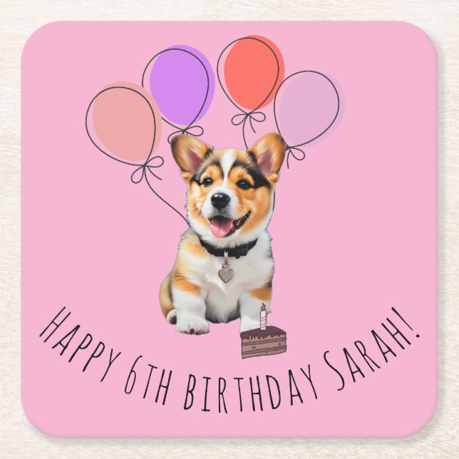 Adorable Pink Corgi Birthday Customisable Square Paper Coaster (Front)
