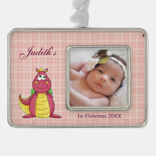 Adorable Pink Dragon on Pink Plaid Silver Plated Framed Ornament
