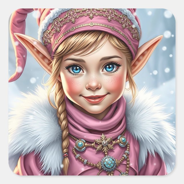 Adorable Pink Elf Festive Christmas  Square Sticker (Front)