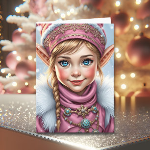Adorable Pink Elf   Merry Christmas Personalised Holiday Card