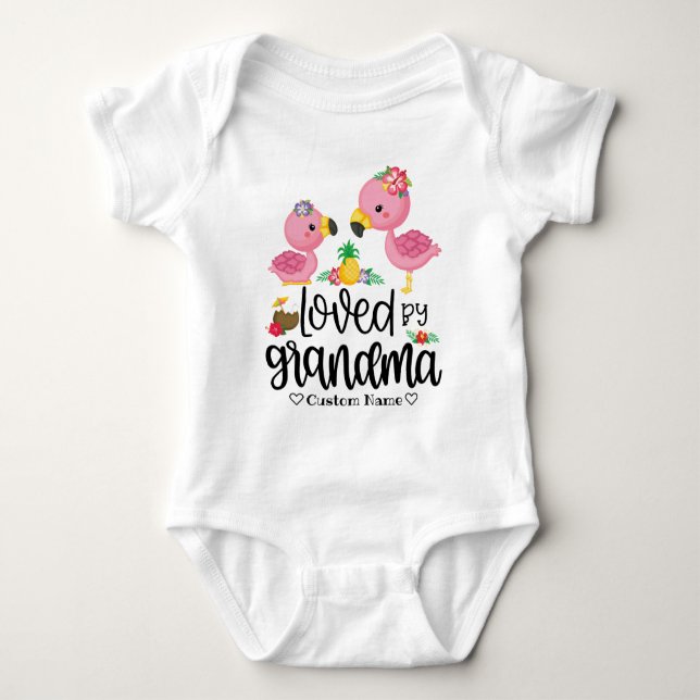 Adorable Pink Flamingo - Loved by Grandma Baby Bodysuit (Front)