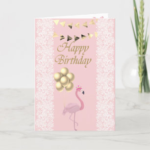 Adorable Pink Flamingo,Tiara,Lace,Balloons Card