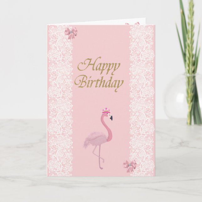 Adorable Pink Flamingo,Tiara,Lace,Bow Card (Front)