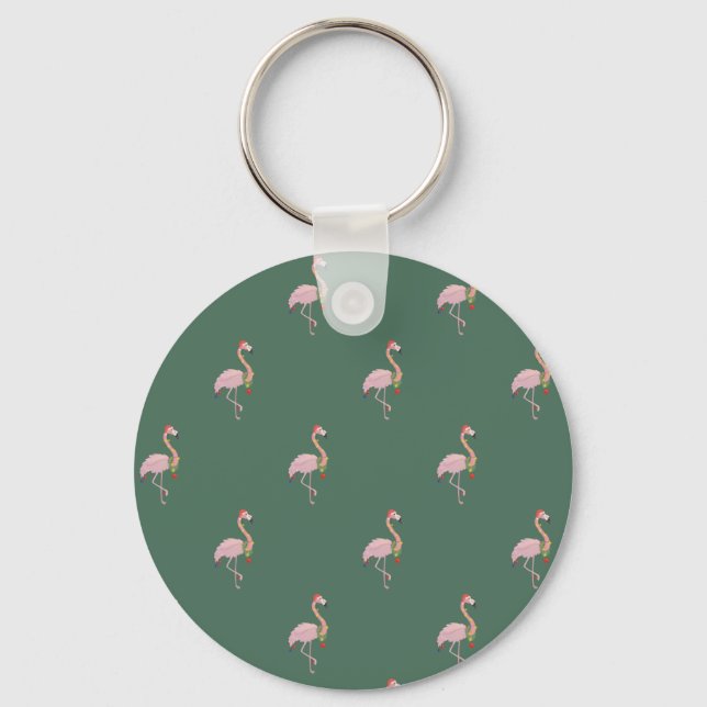 Adorable Pink Flamingo With Santa Hat,Green   Key Ring (Front)