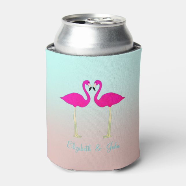 Adorable Pink Flamingos In Love-Personalised Can Cooler (Can Front)