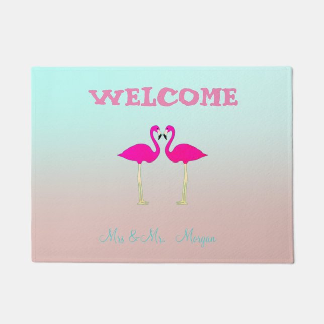 Adorable Pink Flamingos In Love-Personalised Doormat (Front)