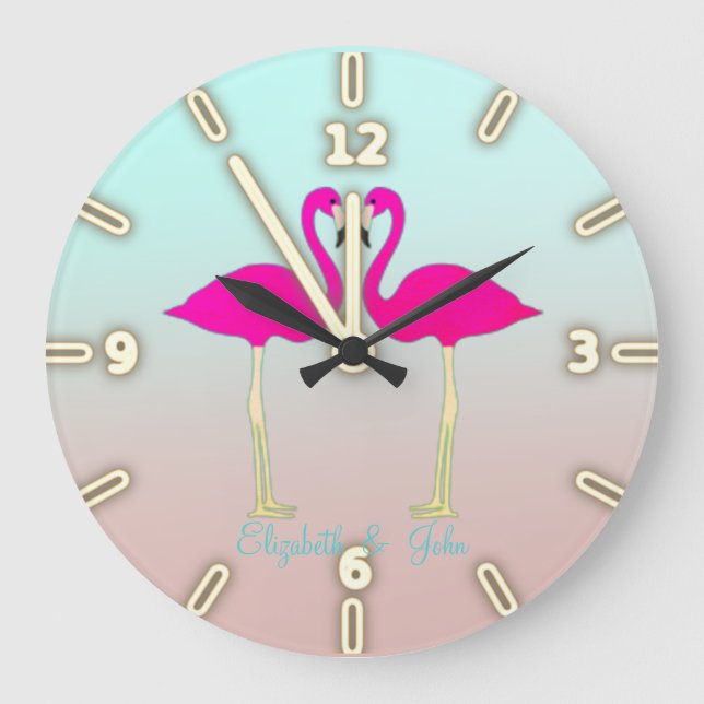 Adorable Pink Flamingos In Love-Personalised Large Clock (Front)