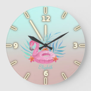 Adorable Pink Flamingos Palm Leaves Large Clock
