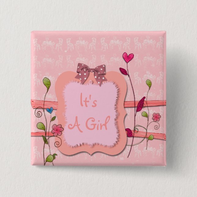 Adorable Pink Floral Girl Baby Shower Favour 15 Cm Square Badge (Front)