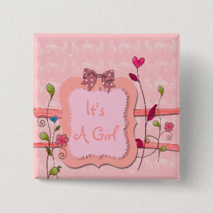 Adorable Pink Floral Girl Baby Shower Favour 15 Cm Square Badge