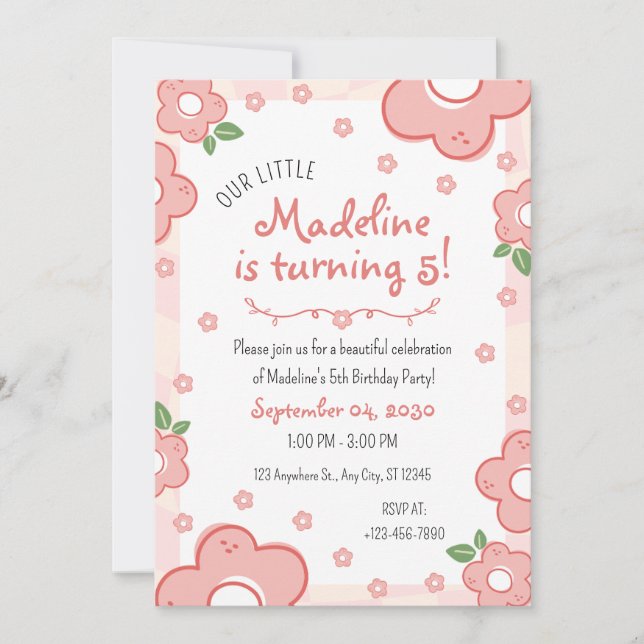 Adorable Pink Flowers Birthday Party Invitation (Front)