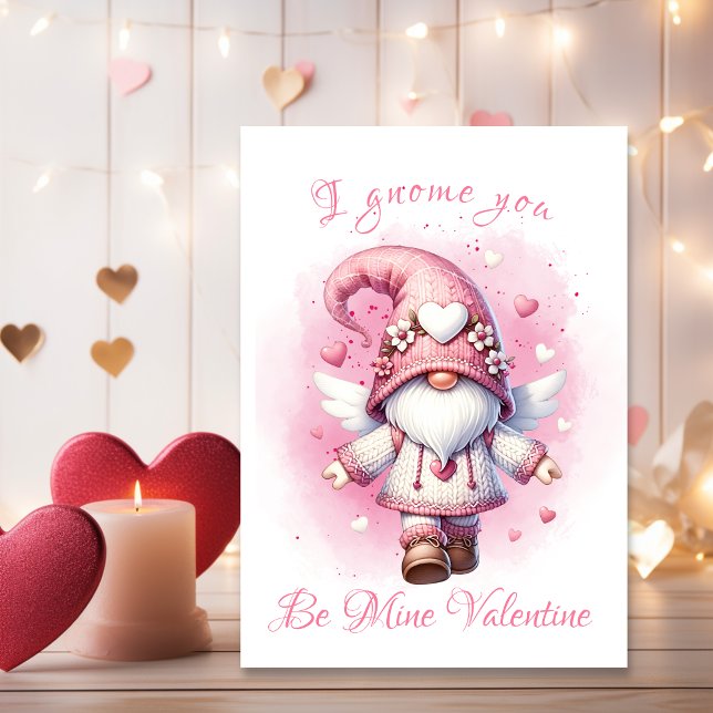 Adorable Pink Gnome Watercolor Valentine Day Holiday Card (Creator Uploaded)