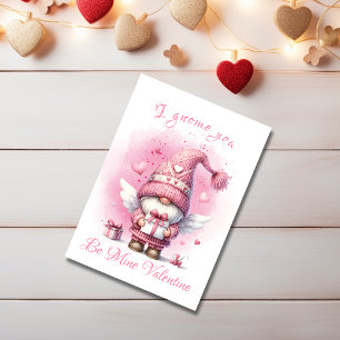 Adorable Pink Gnome With Gift Watercolor Valentine Holiday Card