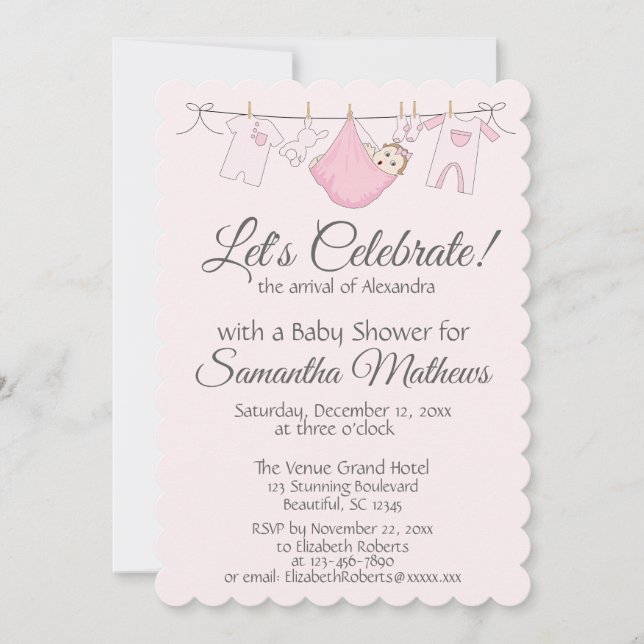 Adorable Pink & Grey Baby Girl Shower Invitation (Front)