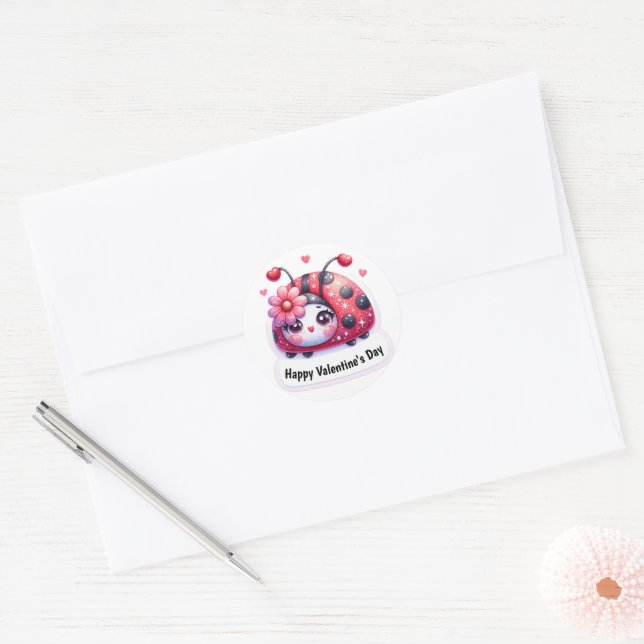 Adorable Pink Heart Ladybug Valentine's Day Classic Round Sticker (Envelope)