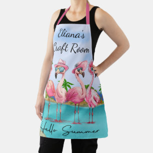 Adorable Pink Hello Summer Flamingos on Beach Apron