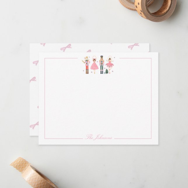 Adorable Pink Nutcracker Christmas Stationery Card (Front/Back In Situ)