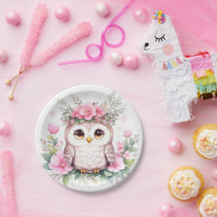 Adorable Pink Owl Girl Baby Shower Paper Plate