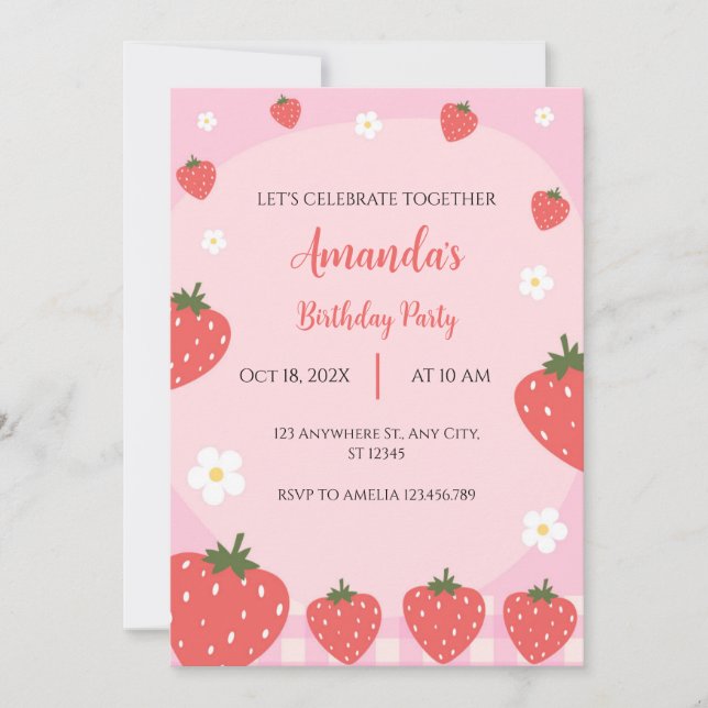 Adorable Pink Strawberry Birthday Invitation (Front)