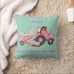 Adorable pink tractor & trailer with farm animals cushion<br><div class="desc">An adorable tractor and trailer full of farm animals on a pastel green background. All wording is fully customizable,  to make this a truly personal gift for a baby shower or new parents.</div>