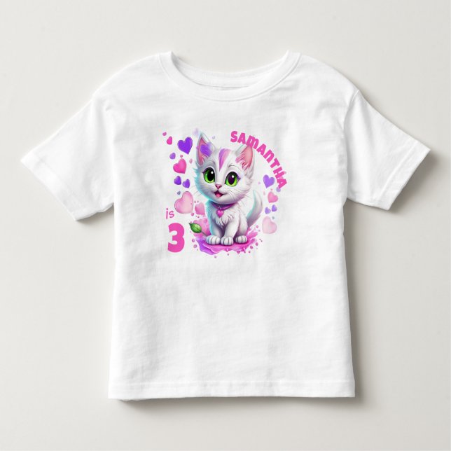 Adorable Pink & White Kitten and Hearts Birthday  Toddler T-Shirt (Front)