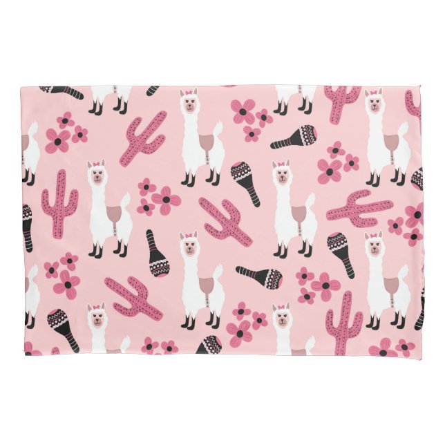 Adorable Pink White Llama Maraca Cactus Floral Pillowcase (Front)