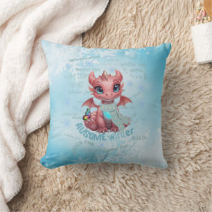 Adorable Pink Winter Dragon – Magical Snowflake Cushion