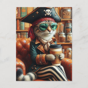 Adorable Pirate Cat with Coffee  Postcard