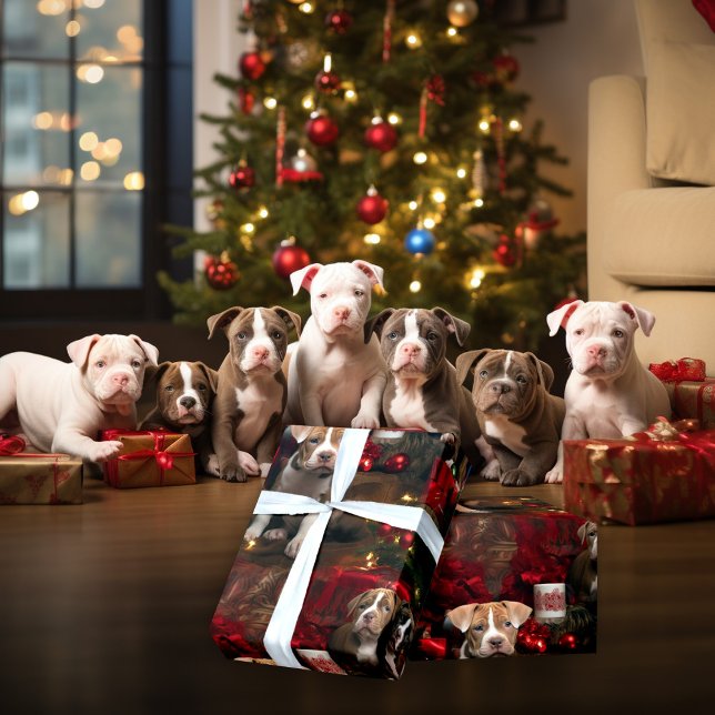 Adorable Pitties Rich Red Christmas Dog Lovers  Wrapping Paper (Creator Uploaded)