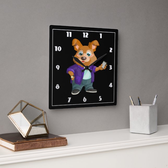 Adorable playful Cartoon dog student in a suit  Square Wall Clock (Office)