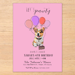 Adorable Playful Pink Corgi Birthday Customisable Acrylic Invitations