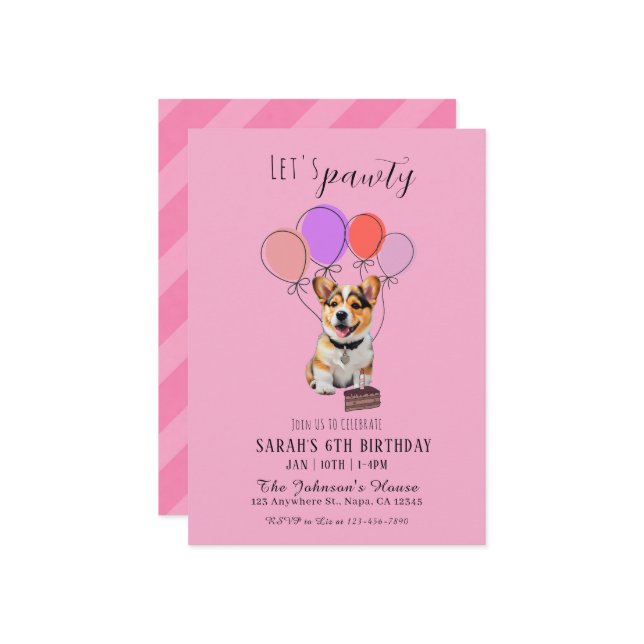 Adorable Playful Pink Corgi Birthday Customizable Invitation (Front/Back In Situ)