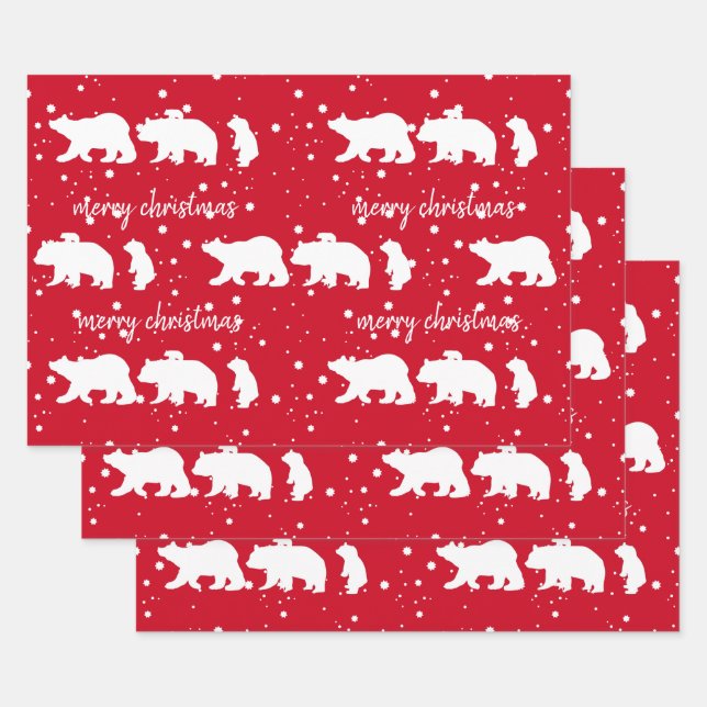 Adorable Polar Bear Family Christmas Red Wrapping Paper Sheet (Set)