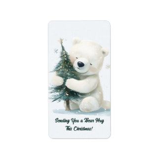 Adorable Polar Bear Hugging Christmas Tree, Cute Label