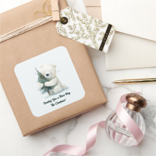 Adorable Polar Bear Hugging Christmas Tree, Cute Square Sticker