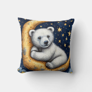 Adorable Polar Bear Sitting on a Crescent Moon Cushion