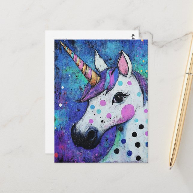 Adorable Polka Dot Unicorn Postcard (Front/Back In Situ)