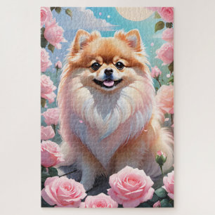 Adorable Pomeranian Blooming Pink Roses Jigsaw Puzzle