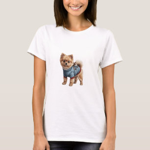 Adorable Pomeranian Dog Wearing Blue Reindeer T-Shirt