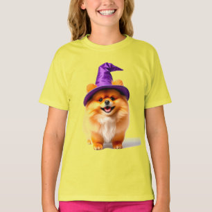 Adorable Pomeranian Puppy Wearing a Witch Hat T-Shirt