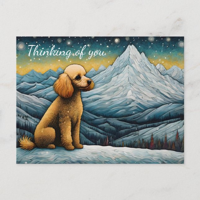 Adorable Poodle Snowy Mountain Thinking Of You Postcard (Front)