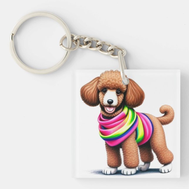 Adorable Poodle Wearing a Colourful Scarf Key Ring (Front)