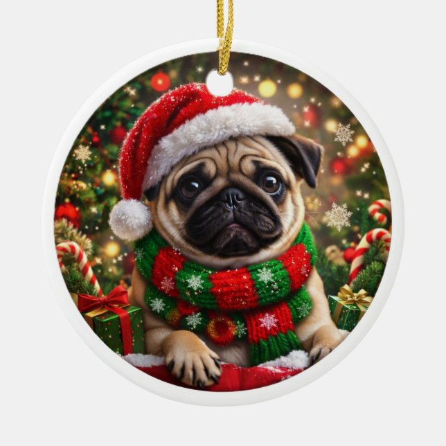 Adorable Pug Christmas Ornament (Front)
