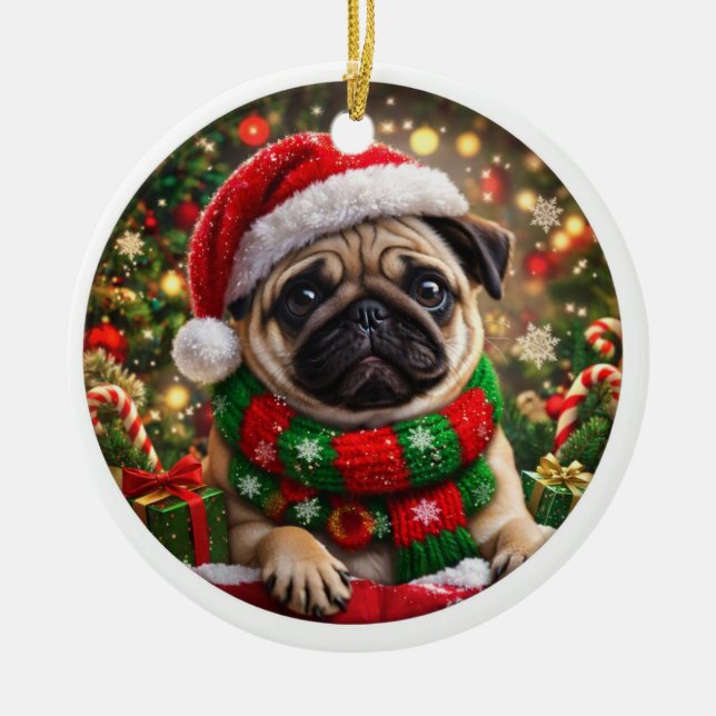 Adorable Pug Christmas Ornament (Front)
