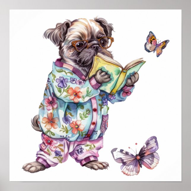  Adorable pug reading book Small Poster (Front)